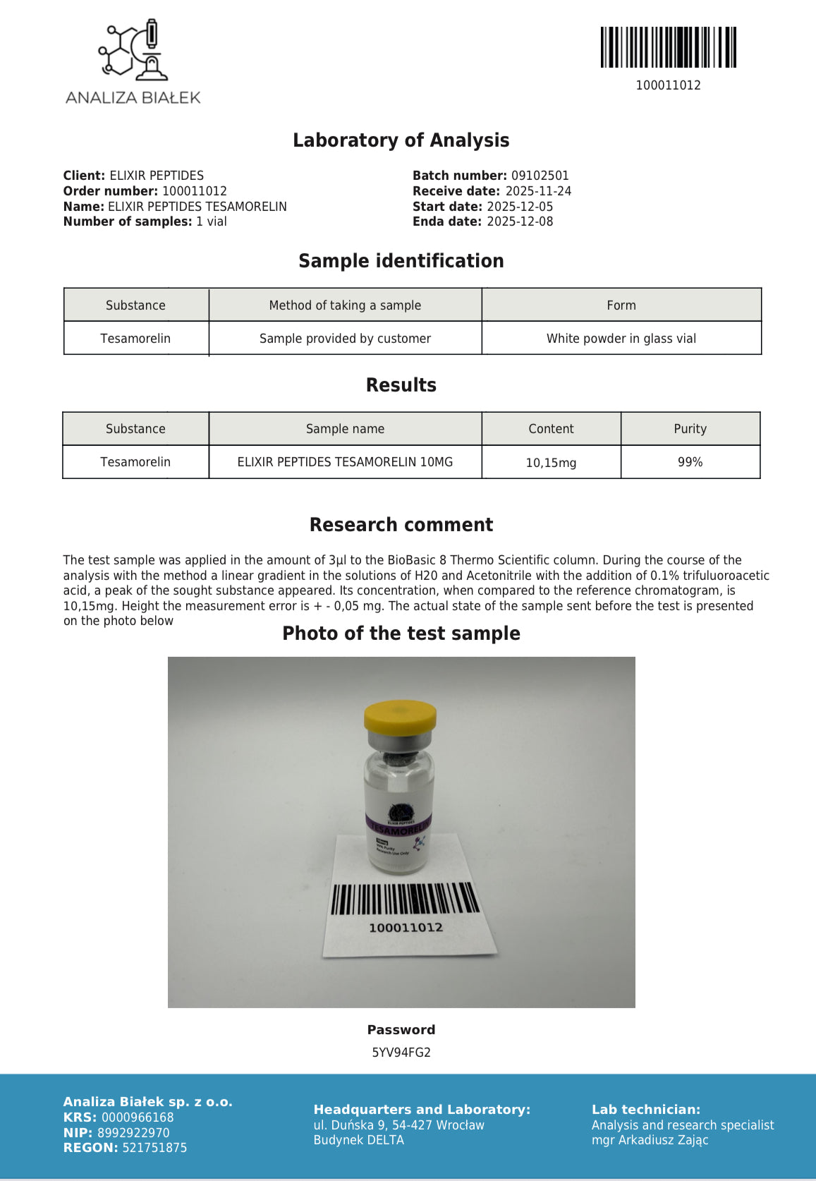 Tesamorelin 10mg - ELIXIR PEPTIDE