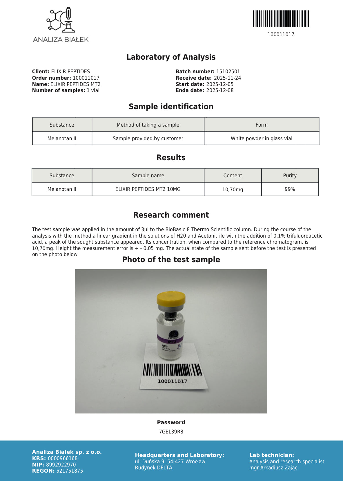 MT2 10mg - ELIXIR PEPTIDE